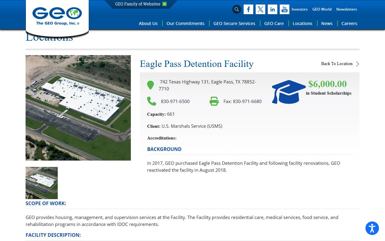 Eagle Pass Detention Facility inmate population and federal custody information from the GEO facility page