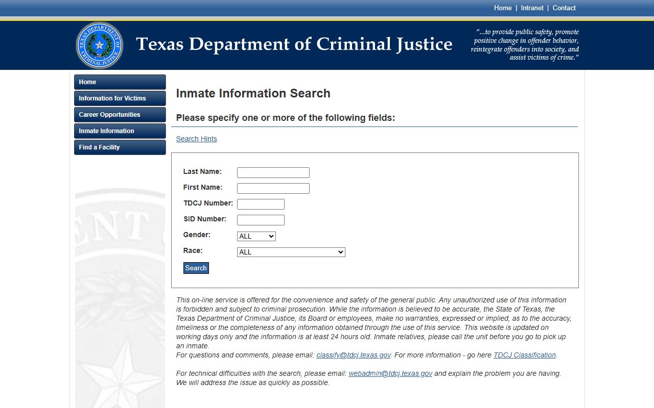 TDCJ inmate search fields for Maverick County sentenced inmates
